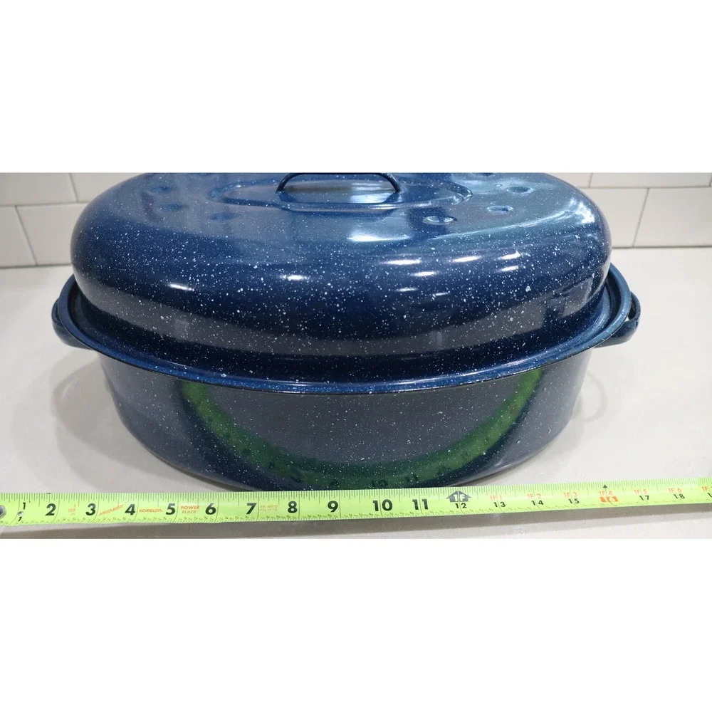 Blue Speckled Enamelware Oval Roasting Pan with Lid 16 Inch Turkey Roaster
